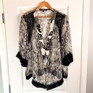 Violet Kay Black Sheer Silk Floral Lace Trim Open Jacket